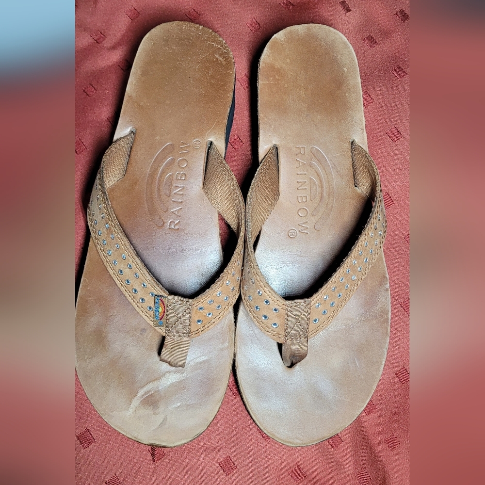 Rainbow Brown Leather Thong Flip Flops Sandals Platform Size 5.5 - Picture 9 of 11